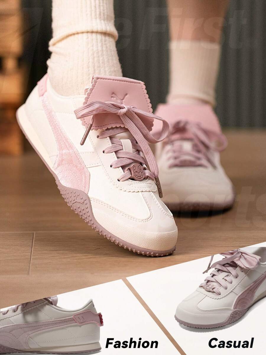 Puma Bella-UT-马年女士休闲鞋，轻便薄底复古T字头鞋，可拆卸折叠鞋舌，柔软舒适的橡胶鞋底，适合通勤、旅行、健身、日常穿着 406665-01 - 米白色-迷霧紫-玫瑰拿鐵 - 查看 1