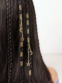 10pcs Eid Mubarak Gold Star & Moon Tassel Jewelry Set, Bohemian Cute Hip Hop Hair Clips, Headband, Hair Rings, Braids Accessories, Eid Gift - Gold - View 8