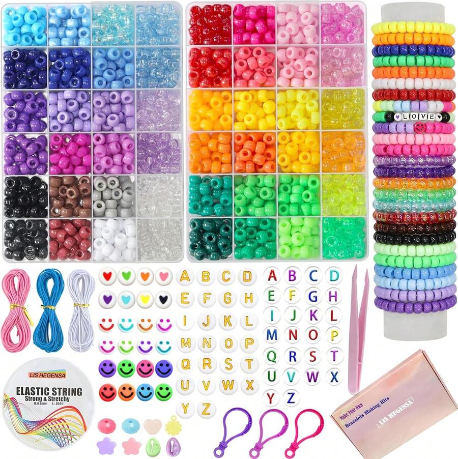 Euuztu Beads For Necklace Jewelry Making Hair Braiding,Bracelets Making Kits,Hair Bead,Bracelet Beads,Plastic Beads For Crafts Braids Girls (27 Color,6400PCS) - 27色(6400個) - 查看 1