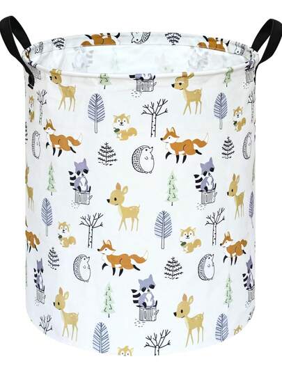 1 pieza Cesto de ropa redondo con diseño de animal lindo, cesta de almacenamiento de tela, organizador, caja de juguetes, cesta de regalo con asas para la habitación