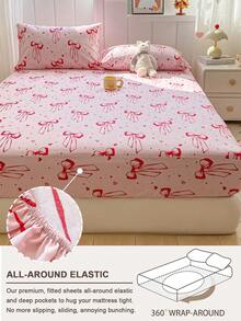 1件装爱心可爱蝴蝶结印花超柔软床笠 - 仅含床垫保护套，可机洗，适合可爱、简约、清新、INS风等多种风格，提升卧室时尚感，多种尺寸（特大/大号/标准双人/单人），适用于家庭/宿舍/公寓/客房/度假租赁及送礼。 - 彩色 - 查看 4