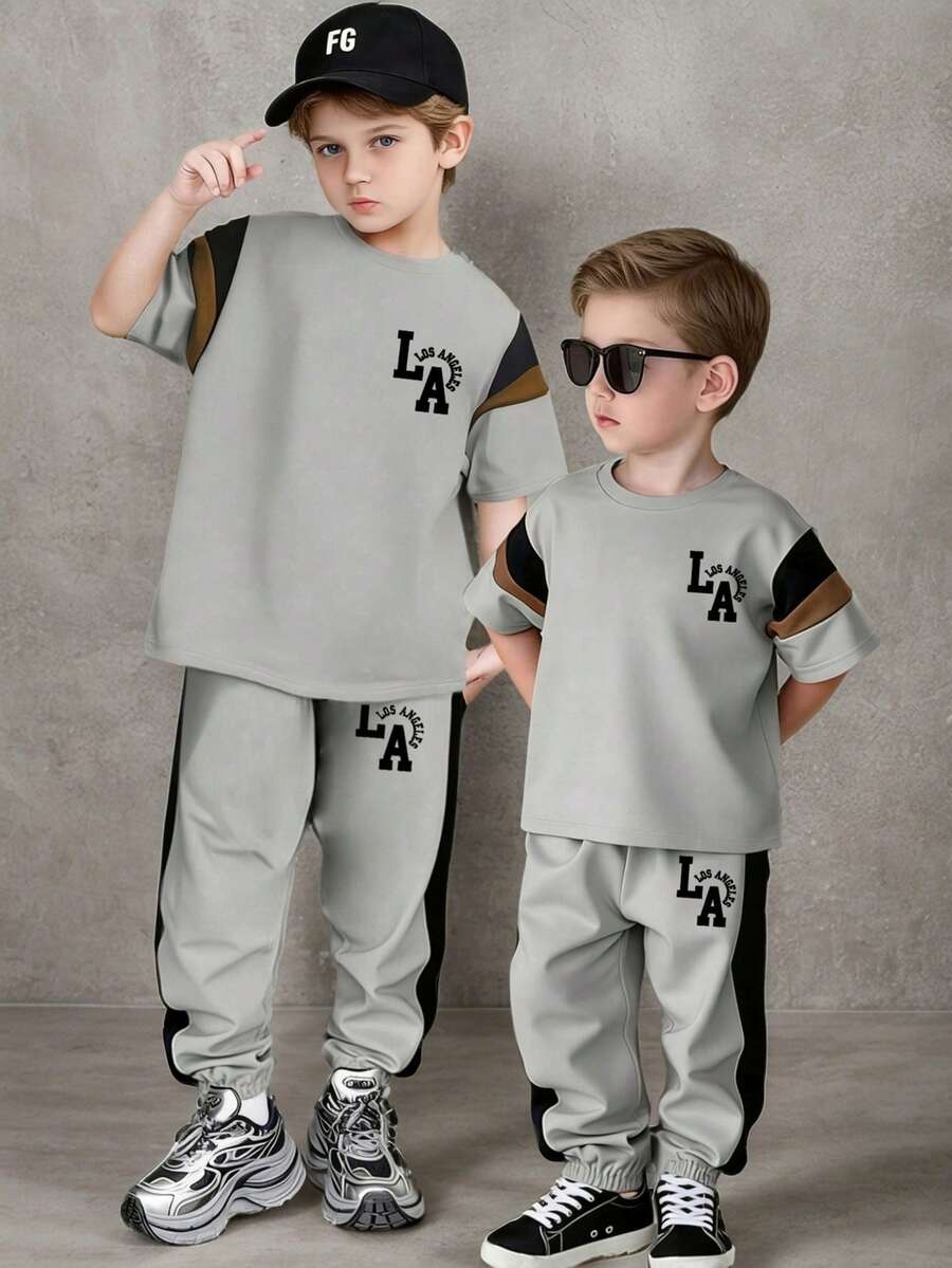 男童卡通印花圆领短袖上衣和裤子套装 - 灰色 - 查看 1