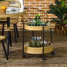 Serving Trolley, Ø50 X 66 Cm, Rattan Trolley With 2 Shelves, Garden Trolley, Round Kitchen Trolley With Handles, Outdoor Bar Trolley, Natural - C - View 2