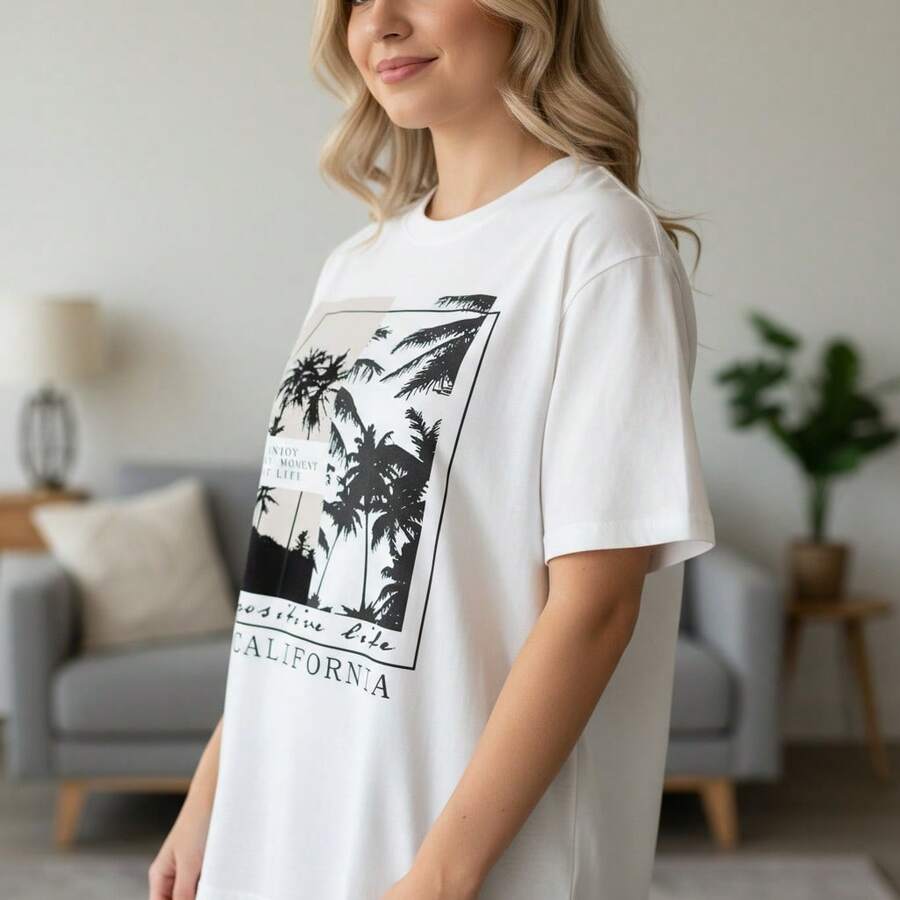 Women's Cotton Oversized T-Shirt With California Palm Tree Graphic Print, Short Sleeve Crewneck Casual Tee Top, Loose Fit Summer Vacation Basic T-Shirt, S-5XL Sizes Available - 白色 - 查看 1