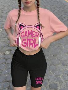 Bộ 2 món đồ mặc thường ngày cho bé gái - Áo thun rộng và quần short kiểu game thủ, trang phục đường phố ngọt ngào mặc hàng ngày. - Hồng - Xem 8