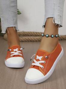 Women White Canvas Sneakers Low Top Lace-Up Canvas Shoes Lightweight Casual Tennis Shoes - Orange - View 8