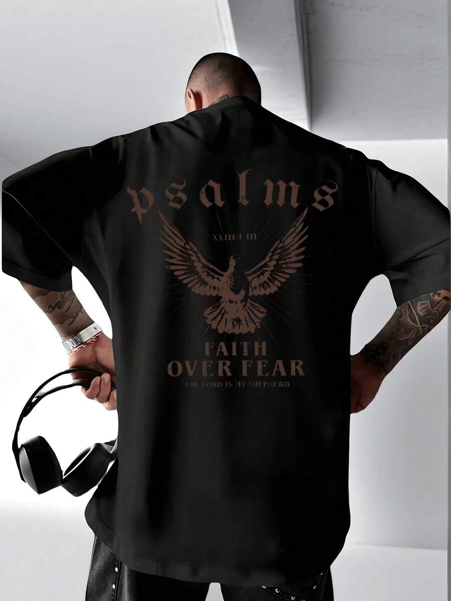 Camiseta para Hombre, playera de paloma y Faith Over Fear, diseño espiritual elegante, look sereno moderno, para amantes de frases inspiradoras, moda religiosa, outfit tranquilo,playera de hombre,ropa de hombre,playeras,parejas,envio nacional,regalo para hombre,oversize hombre. - Negro - Ver 1