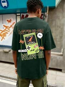 Boys' Letter & Game Console Graphic Round Neck Short Sleeve T-Shirt, Gamer Style, Spring/Summer New Arrival - Dark Green - View 7