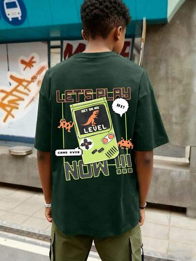 男童字母和游戏机图案圆领短袖T恤，游戏风格，春夏新品