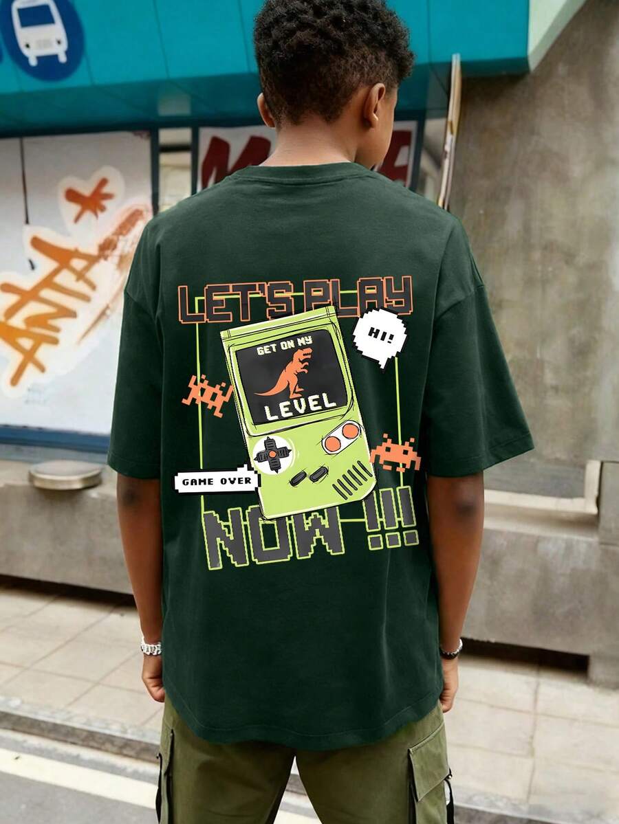 Boys' Letter & Game Console Graphic Round Neck Short Sleeve T-Shirt, Gamer Style, Spring/Summer New Arrival - Dark Green - View 1