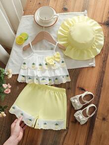 Ensemble de 2 pièces pour bébé fille: débardeur à volants avec nœud et motif ananas, short à volants ananas et chapeau de soleil. Tenue mode et polyvalente pour le quotidien, les fêtes et les sorties au printemps/été - Multicolore - Voir 1