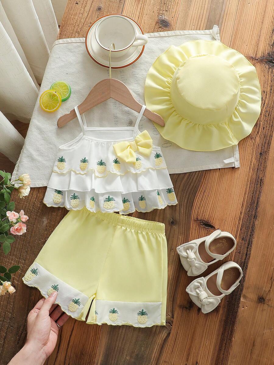 Ensemble de 2 pièces pour bébé fille: débardeur à volants avec nœud et motif ananas, short à volants ananas et chapeau de soleil. Tenue mode et polyvalente pour le quotidien, les fêtes et les sorties au printemps/été - Multicolore - Voir 1