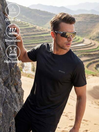 Men's Outdoor T-Shirt, Quick-Dry Stretchy Top, Spots Print, Casual Workout Fitness Solid Color Short Sleeve Shirt, Running