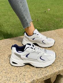 American Retro Contrast Color Running Shoes, Mesh Breathable, Thick Bottom Cushioning, Campus, Street, Daily Wear Template, Running Shoes To Grasp The Relaxation Feeling, 5cm High Casual Shoes - 藍色 - 查看 1