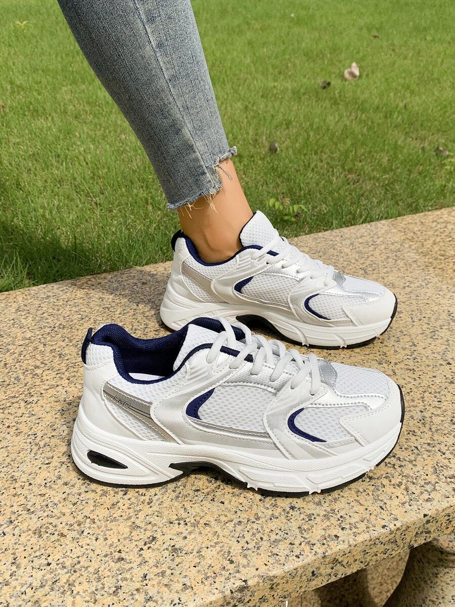 American Retro Contrast Color Running Shoes, Mesh Breathable, Thick Bottom Cushioning, Campus, Street, Daily Wear Template, Running Shoes To Grasp The Relaxation Feeling, 5cm High Casual Shoes - 藍色 - 查看 1