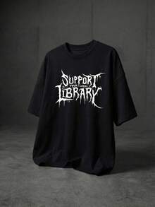 男士“支持本地图书馆”标语金属文字印花落肩T恤，休闲街头朋克哥特风，柔软触感，夏季款 - 黑色 - 查看 2