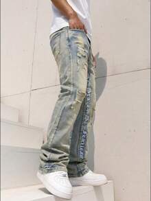 刺绣喇叭牛仔裤，男士修身刺绣字母牛仔裤，做旧喇叭牛仔裤，Y2K 叠层牛仔裤，撞色水洗刺绣牛仔裤，适合所有季节 - 黃色 - 查看 6