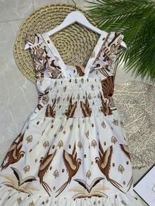 Long Dress With Print, Lined, With Built-In Bra Cups, Made Of Pretty, Fashionable Crepe Fabric. - 鏽棕色 - 查看 2
