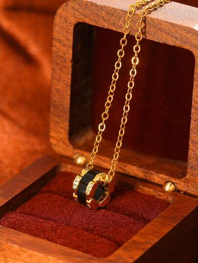 1pc Niche Design Black & Gold Circular Ring Necklace, Versatile Collarbone Chain, High-End Black & Gold Contrast Necklace, Rhinestone Waist Circular Ring Necklace