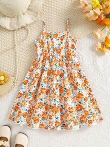 女孩夏季油画风格碎花吊带连衣裙，清新橙蓝花朵连衣裙 - 彩色 - 查看 1
