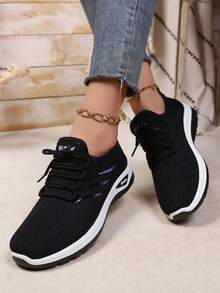 2026 Novo Lançamento Sapatos Esportivos Casuais de Moda Feminina em Tecido Sólido com Cadarço, Confortáveis, Respiráveis, Antiderrapantes e Duráveis, Modelo Baixo com Cadarço e Logotipo Lateral com Design de Escama de Peixe, Adequado para Uso Interno/Externo, Opções de Várias Cores, Presente Ideal para Mulheres, Todas as Estações - Preto - Visão 2