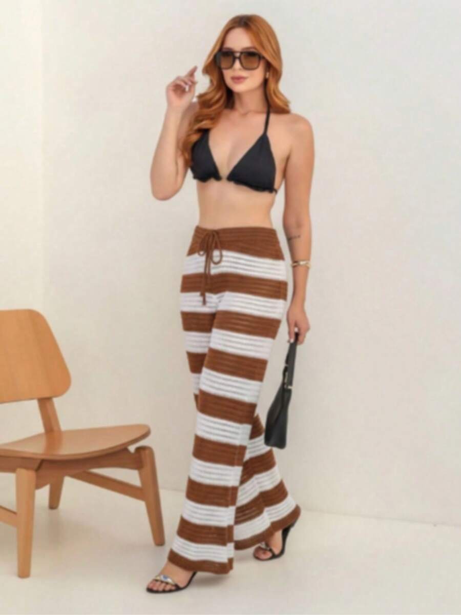 Beach Cover-Up Pants, Drawstring, Striped, Crochet, Blogger Style, Luxury Knitwear, Elegant, Women's Fashion, Summer, Casual, Beach Vacation - Lạc đà - Xem 1