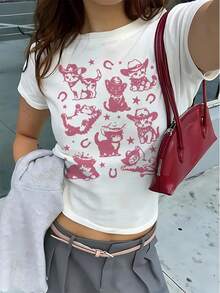 女士圆领短袖T恤，美式风格，夏季新款卡通猫咪图案印花，时尚百搭修身露脐上衣 - 白色 - 查看 1