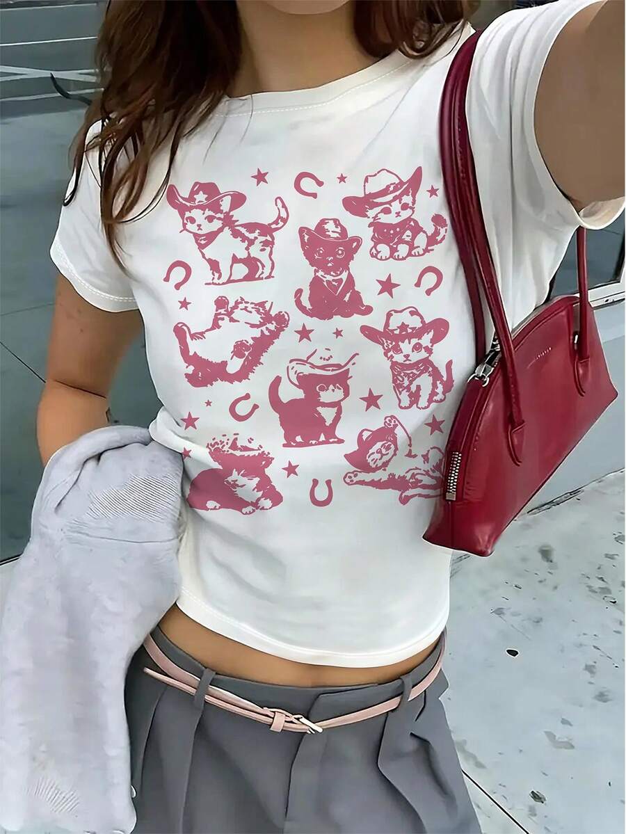 女士圆领短袖T恤，美式风格，夏季新款卡通猫咪图案印花，时尚百搭修身露脐上衣 - 白色 - 查看 1