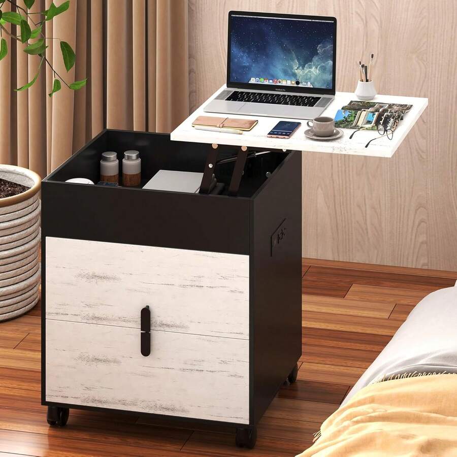 Vlsrka Mesa de Noche con Enchufes para Recamara, Buros Blanco Moderno con Ruedas y 2 Cajones, Mesa Auxiliar con Estante Elevable Ajustable (Negro y Blanca Rustic) - Negro y Blanco Rustic - Ver 1