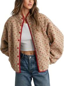 Women's Fleece Jacket Button Down Lapel Collar Sherpa Jackets Long Sleeve Contrast Quilted Outerwear - Đỏ - Xem 12