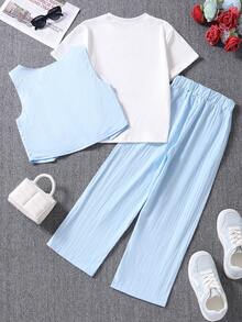 3件套少女夏季休闲短袖上衣、背心和裤子套装 - 淺藍色 - 查看 3