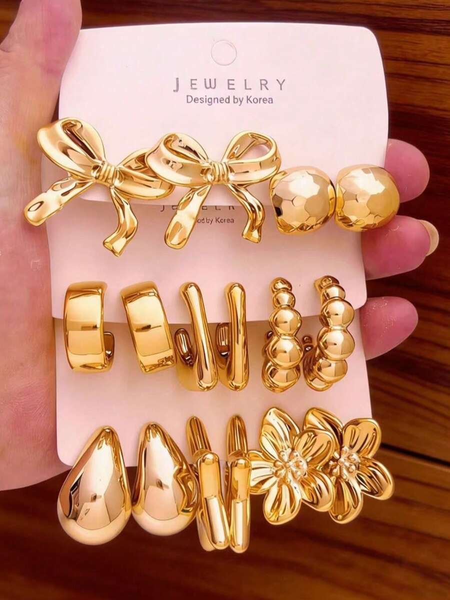 4-16pcs Gold Tone Fashion Earrings Set, Stylish & Elegant, Suitable For Daily, Party, Wedding, Valentine's Day Gift - Gold - View 1