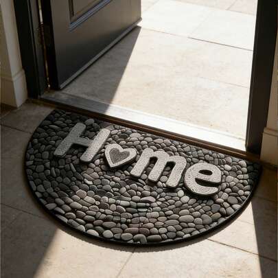 1pc Semi-Circular Black Pebble Pattern Doormat, Cozy Indoor/Outdoor Entrance Mat, 2D Colored Pebble Doormat In Beige/Brown/Gray/Black/White, For Front Door, Patio, Home Decor - Easy To Clean, Suitable For Bedroom, Living Room, Dining Room, Bathroom And Entryway