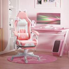 Gaming Stuhl Ergonomischer Gamer Stuhl Mit Lendenwirbelstütze, Fußstütze, Gaming Sessel Mit Katzenohren, Kopfkissen, Höhenverstellbar Bürostuhl Mit Verstellbar Liegefunktion Rosa - Pink - View 3
