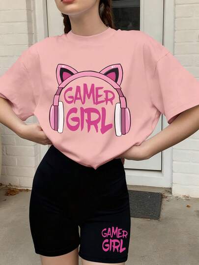 2Pcs Girls' Casual Set - Gamer Girl Graphic Oversized Tee & Biker Shorts Sweet Edgy Street Style Daily Outfit