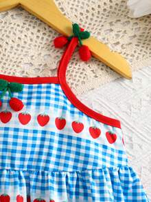 女童草莓格纹无肩带连衣裙，日常街头穿搭之选——清爽透气，超级可爱 - 藍白色 - 查看 5