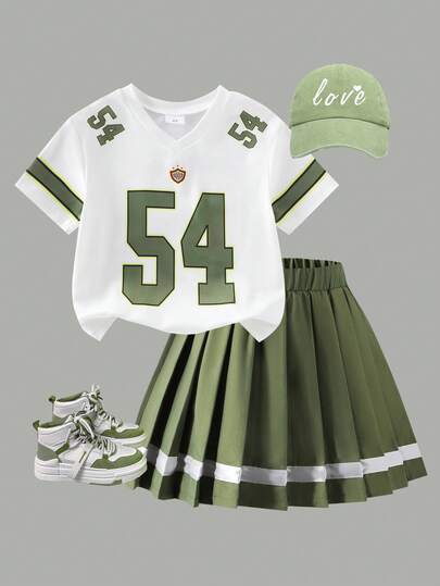 2件套女童运动风图案数字V领短袖上衣和百褶裙套装，夏季