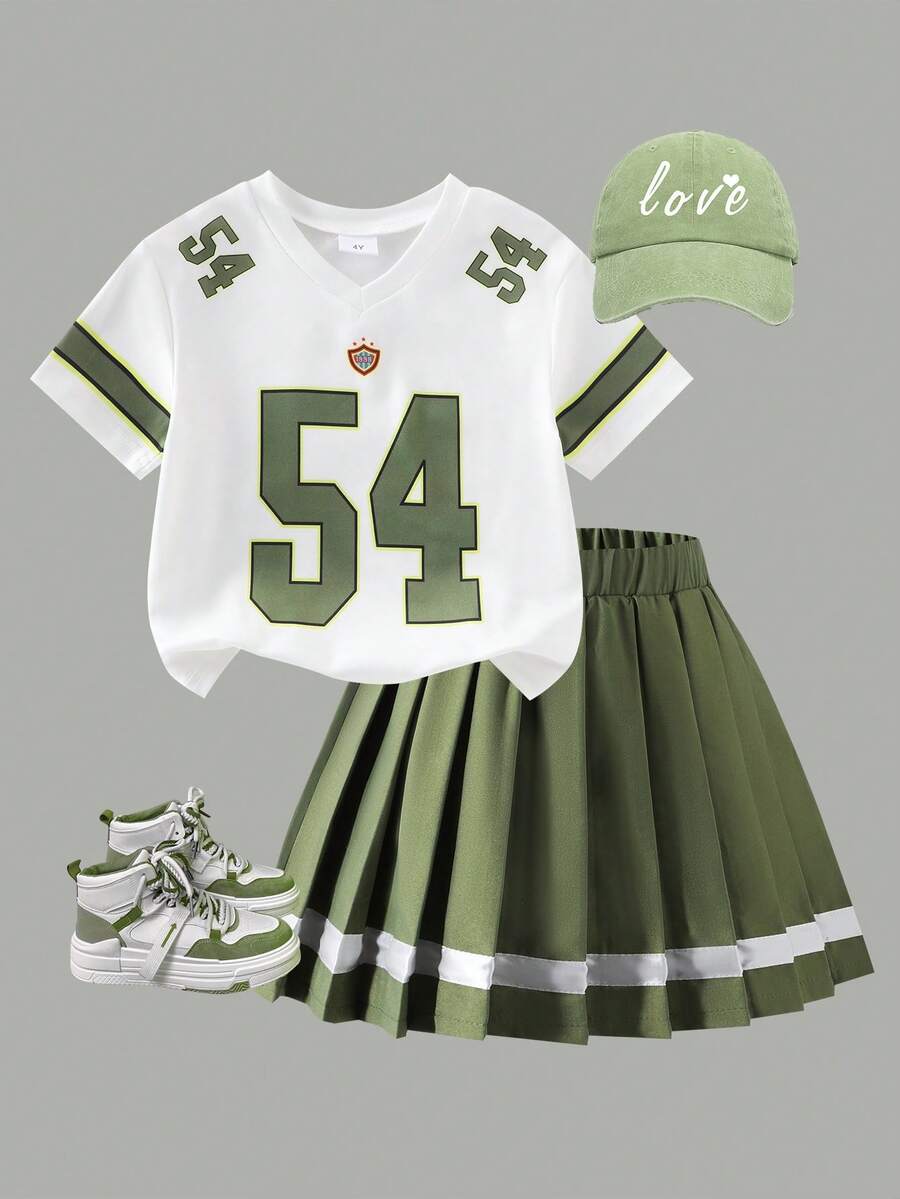 2pcs/Set Toddler Girls' Sports Style Graphic Number V-Neck Short Sleeve Top And Pleated Skirt Set, Summer - Army Green - View 1