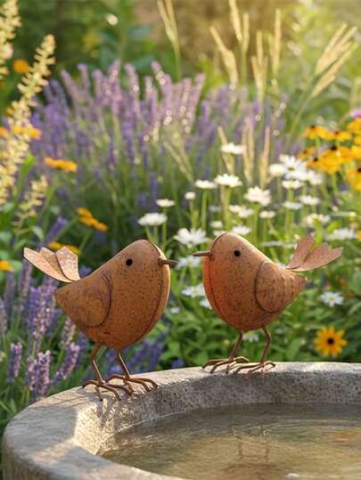 2件套复古金属花园鸟雕像 - 乡村风格户外小鸟装饰，独立式鸟形花园摆件，铁艺户外装饰，适用于花坛、露台和草坪，农场庭院雕塑
