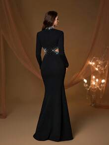 魔幻，新款，高领，优雅，舞会礼服，印花设计，镂空，开衩，包臀，鱼尾裙摆，适合，舞会，婚礼，派对礼服，婚礼宾客礼服，晚礼服，黑色礼服 - 黑色 - 查看 2