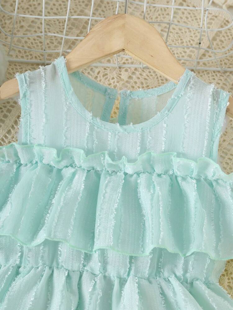 Girls' Cute Casual Round Neck Ruffle Sleeve Dress, Summer Sweet Striped Texture Dress, Lined Skirt, Suitable For Outdoor, Daily, Vacation And Party Wear - Mint Green - View 6