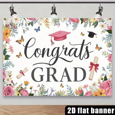 1 pieza Bandera de poliéster con diseño de flores silvestres para felicitar a los graduados, de colores variados, para decoración de pared en sala de estar, decoración de fondo para fiesta, decoración de fondo para todas las estaciones - Set de 11 piezas Decoración de fondo para fotografía de graduación preescolar, suministros para fiesta de baile escolar, bandera de decoración, pabellón de ceremonia de graduación de jardín de infantes 2