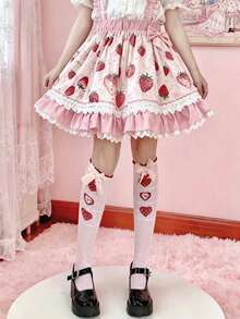 1 Pair Cute Sweet Lolita Style Pink Bow & Strawberry Pattern Socks - Multicolor - View 8