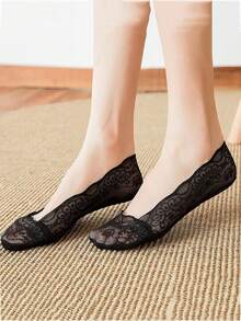 1/5/10双装女士蕾丝隐形夏季薄款图案休闲透气吸汗船袜 - 彩色 - 查看 4