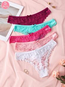 Paquete de 5 tangas de mujer con parches de encaje y moño en unicolor, ropa interior femenina suave y cómoda - Multicolor - Ver 3
