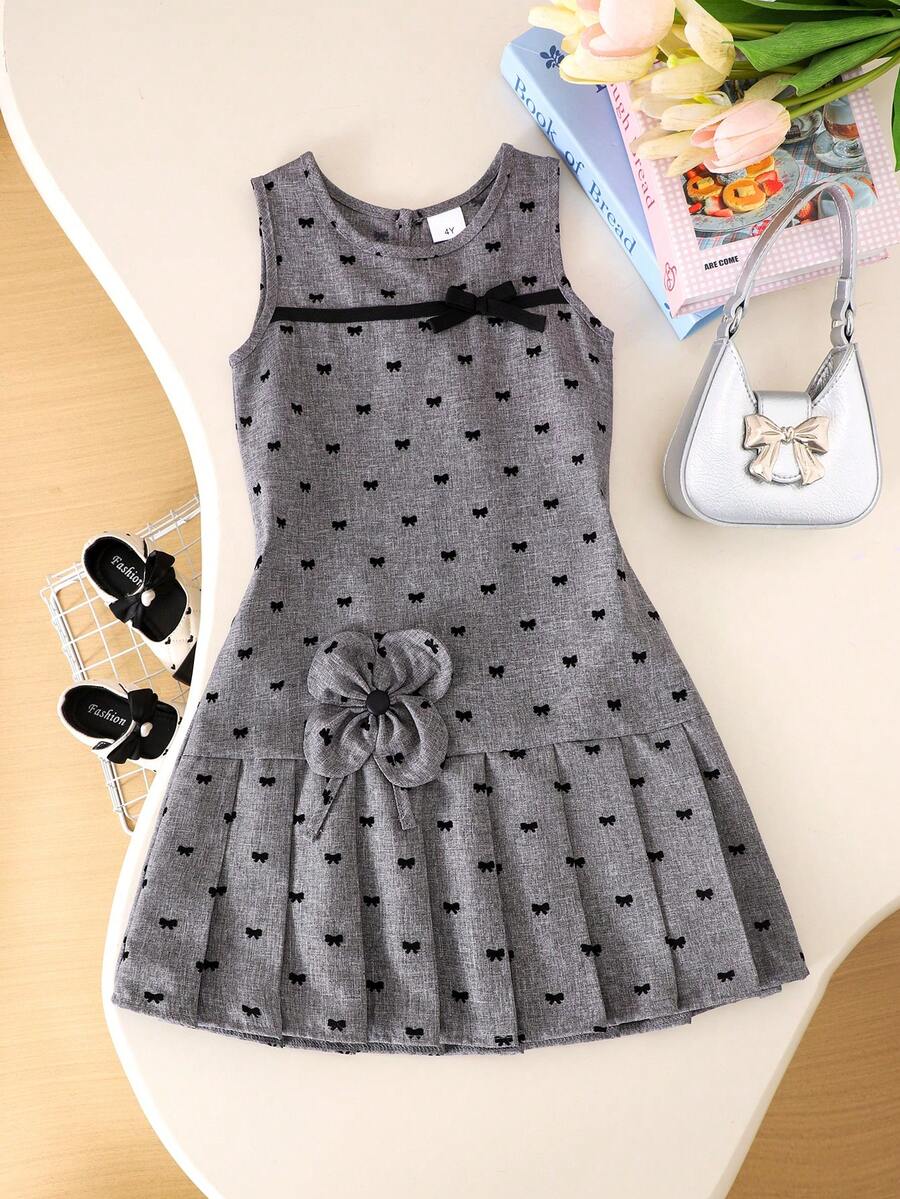 Vestido plisado sin mangas con estampado de mariposas y flores para niña, verano - Gris - Ver 1