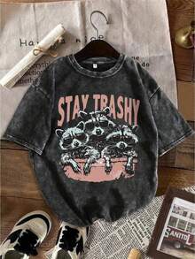 Women'S Funny "STAY TRASHY" Graphic T-Shirt - Dark Grey Casual Everyday Tee With Raccoon Print, Loose Fit Washed Look Top For Women - All-Season Everyday Outfit Essential, Relaxed Style, Playful Design, Soft Texture, Short Sleeve Shirt,  Shoppers - màu đen - Xem 1