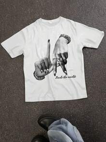 Women's Casual Simple LA Hand Gesture Print Loose Crew Neck Short Sleeve T-Shirt, Summer - trắng - Xem 1