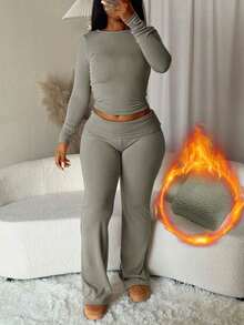 Conjunto informal de top de manga larga de cuello redondo y pantalones de unicolor, de felpa delgada minimalista, para otoño/invierno - Negro - Ver 8