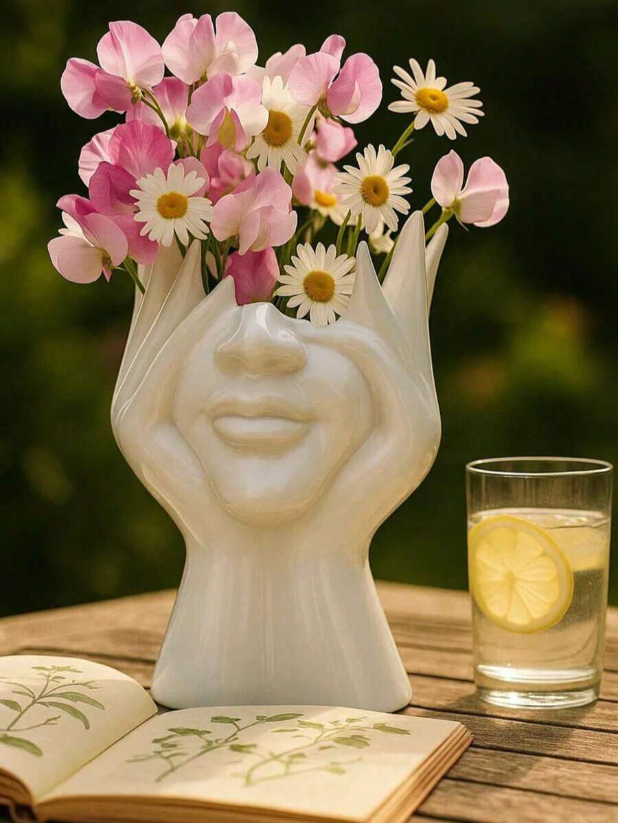 极简波西米亚风格女性肖像花瓶,现代北欧花卉花瓶,适用于家居客厅、办公室书架装饰、卧室、起居室、生日、厨房、婚礼、礼品、派对装饰 - 摸臉 - 查看 1
